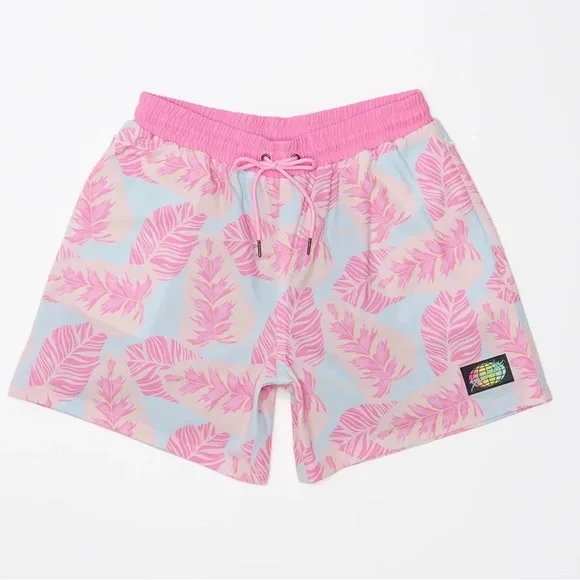 SLUNKS BASJOO MEN’S SHORTS LIGHT BLUE WITH PINK PALM LEAVES - S,M